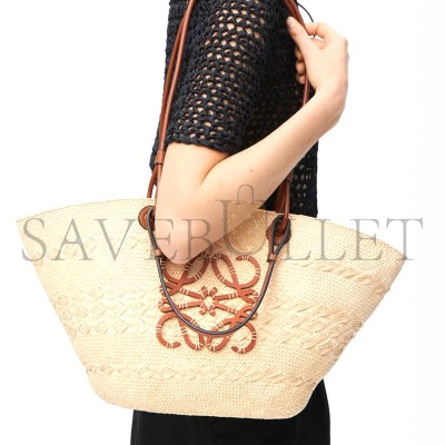 LOEWE MEDIUM ANAGRAM BASKET BAG IN IRACA PALM AND CALFSKIN A223T43X02 (46*24.5*16cm)