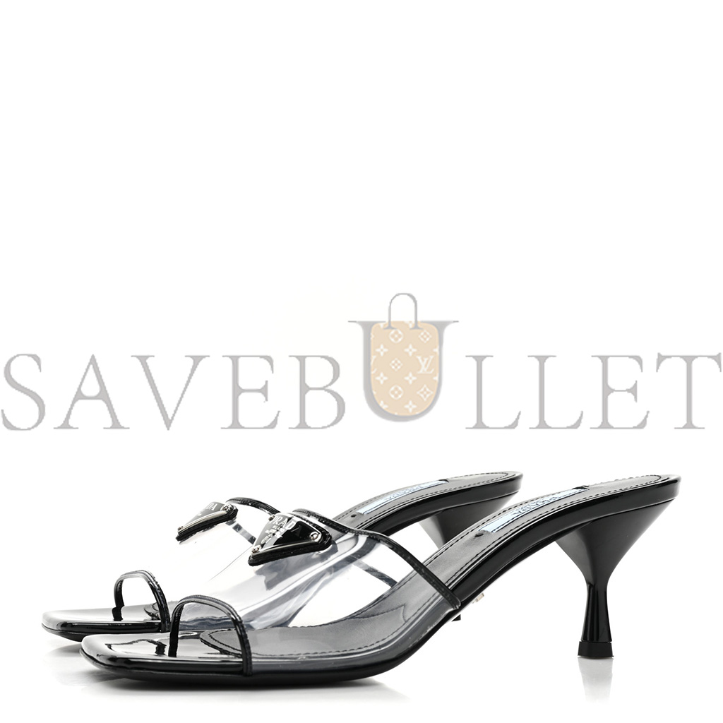 PRADA PLEXIGLASS VERNICE METAL TRIANGLE LOGO 65MM SLIDE SANDALS 36.5 BLACK PRADA PLEXIGLASS VERNICE METAL TRIANGLE LOGO 65MM SLIDE SANDALS 36.5 BLACK