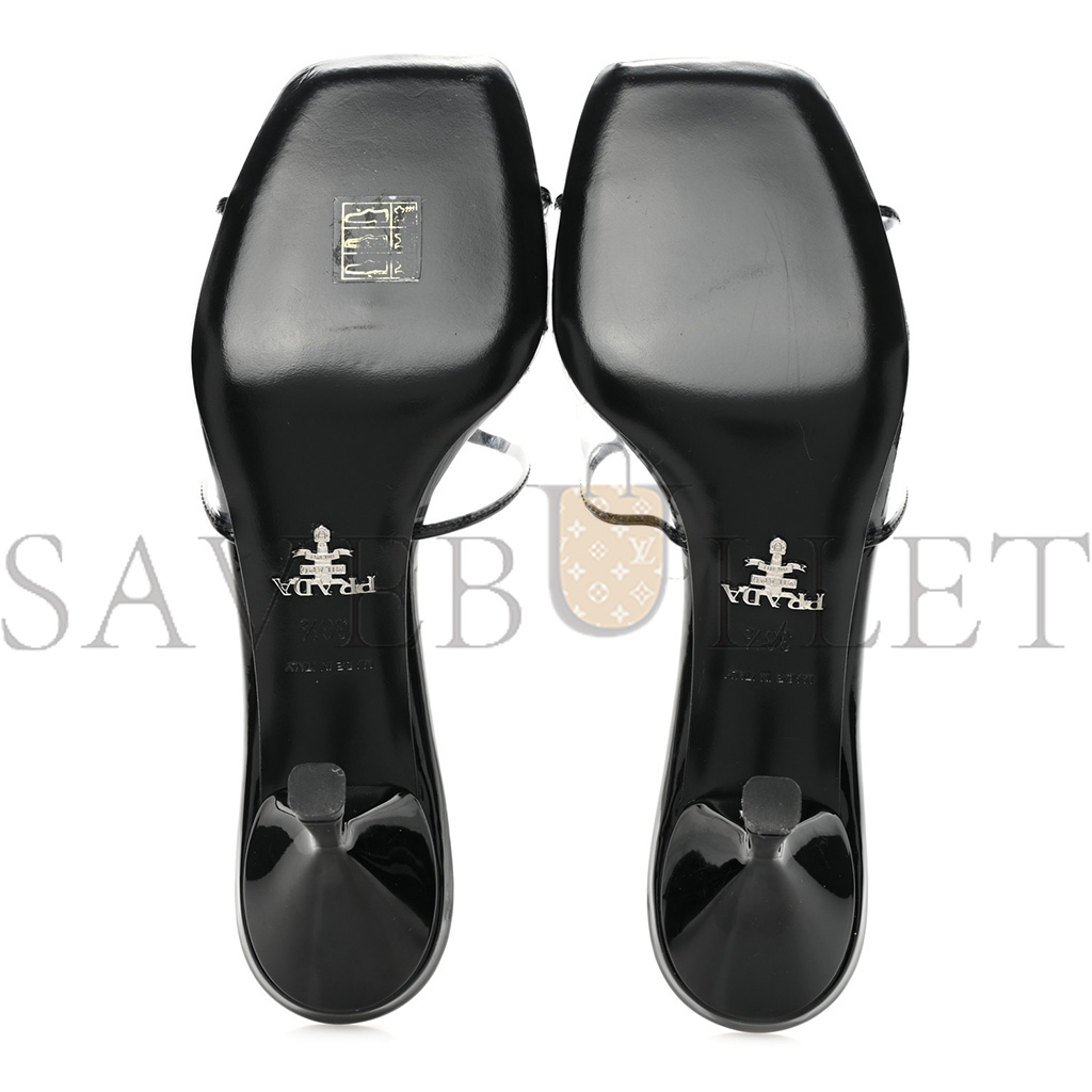 PRADA PLEXIGLASS VERNICE METAL TRIANGLE LOGO 65MM SLIDE SANDALS 36.5 BLACK PRADA PLEXIGLASS VERNICE METAL TRIANGLE LOGO 65MM SLIDE SANDALS 36.5 BLACK