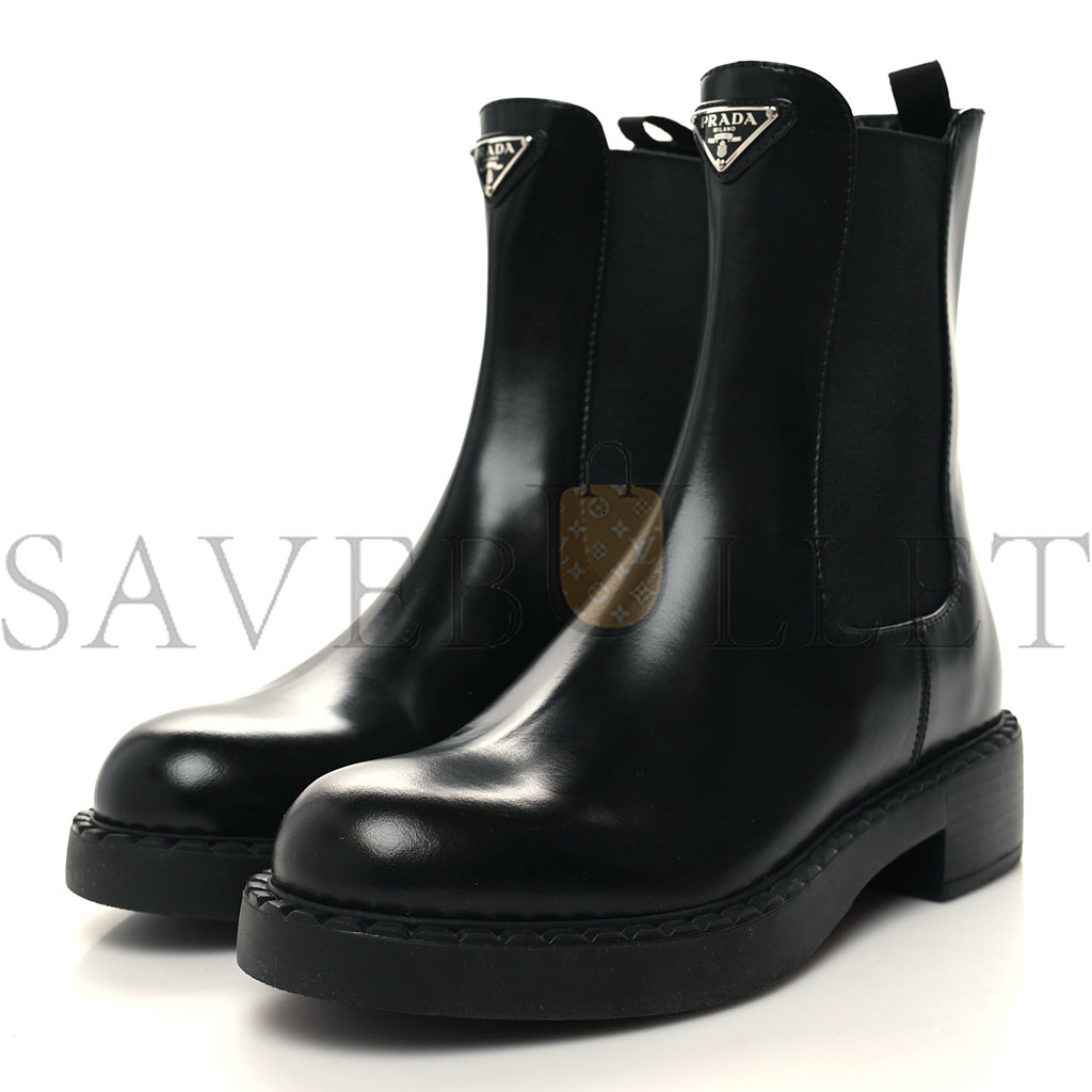 PRADA SPAZZOLATO METAL TRIANGLE LOGO 50MM CHELSEA BOOTS 38 BLACK