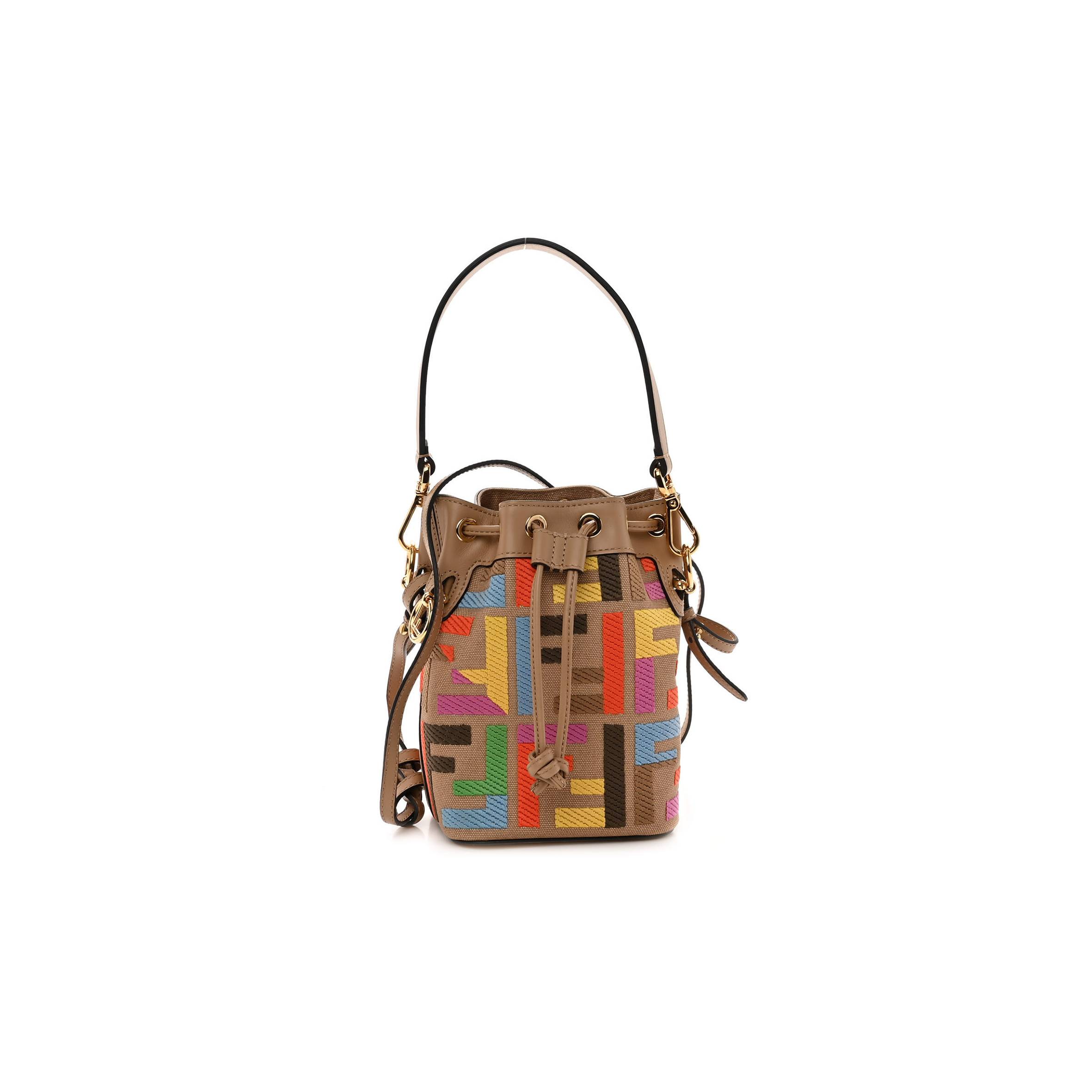 FENDI CANVAS VITELLO KING F IS FENDI FF MULTICOLOR EMBROIDERED MINI MON TRESOR BUCKET BAG MULTICOLOR CUOIO (18*12*10cm)