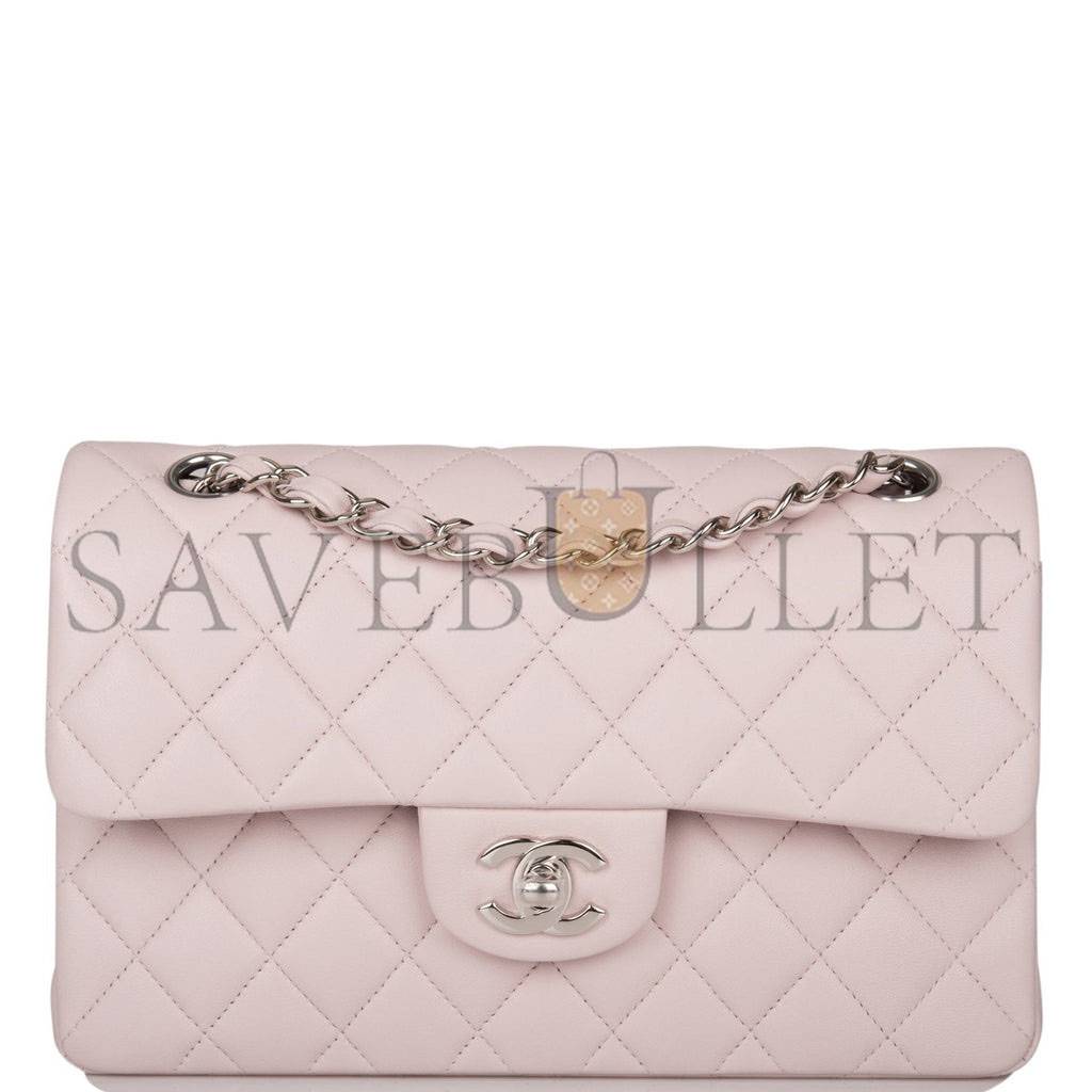 CHANEL SMALL CLASSIC DOUBLE FLAP BAG LIGHT PURPLE LAMBSKIN SILVER HARDWARE (23*13*6cm)