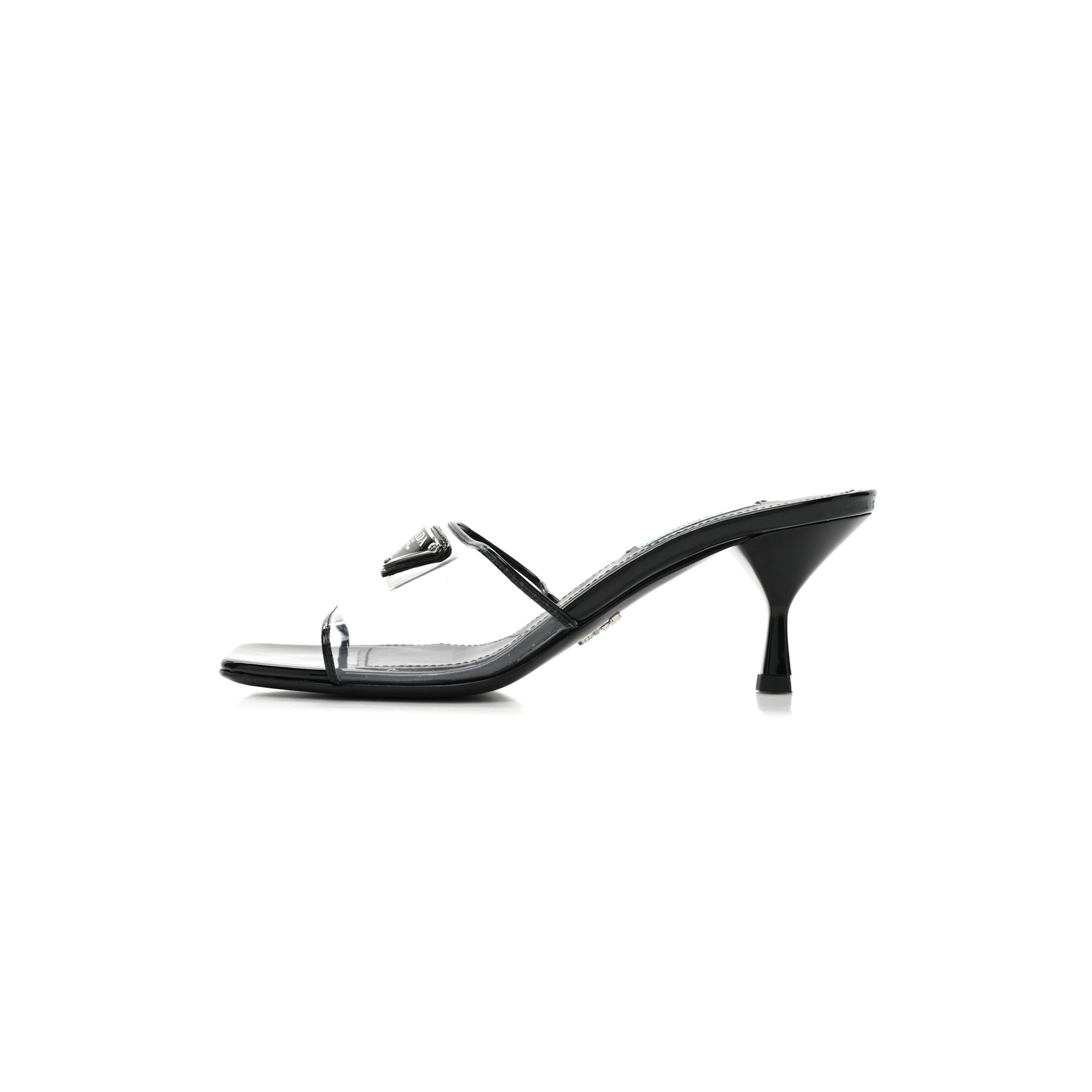 PRADA PLEXIGLASS VERNICE METAL TRIANGLE LOGO 65MM SLIDE SANDALS 36.5 BLACK PRADA PLEXIGLASS VERNICE METAL TRIANGLE LOGO 65MM SLIDE SANDALS 36.5 BLACK