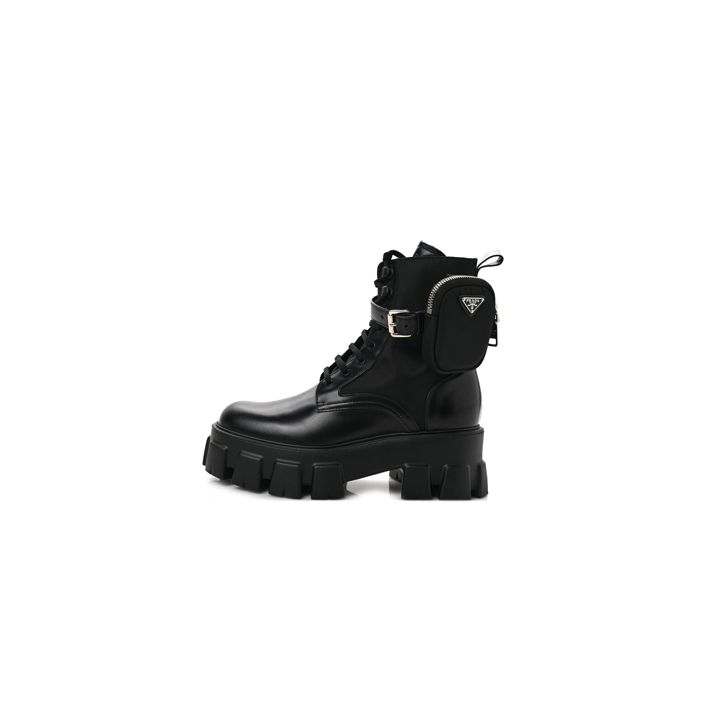 PRADA SPAZZOLATO ROIS NYLON METAL TRIANGLE LOGO MONOLITH POUCH POCKET 55MM BOOTS 39 BLACK PRADA SPAZZOLATO ROIS NYLON METAL TRIANGLE LOGO MONOLITH POUCH POCKET 55MM BOOTS 39 BLACK