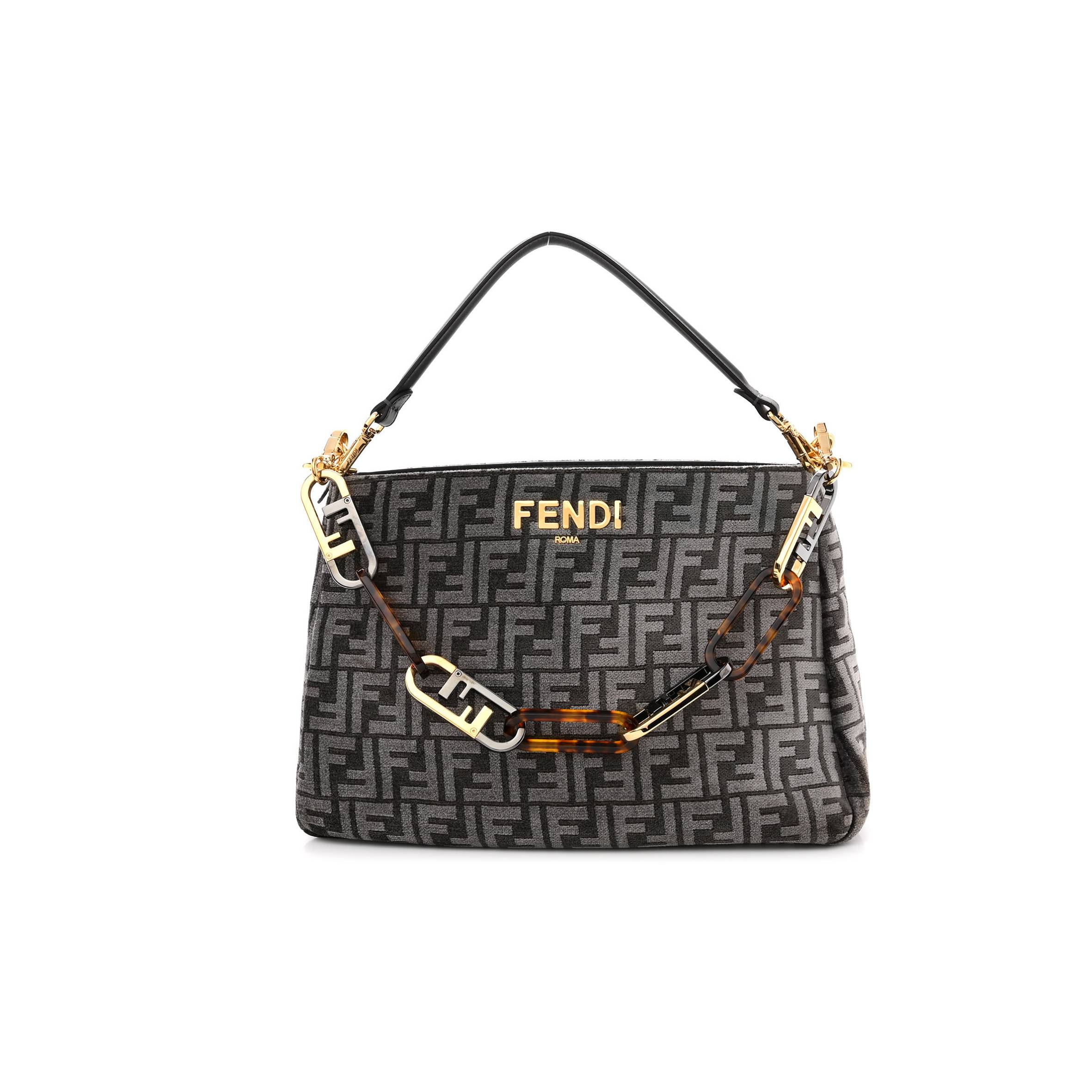 FENDI CHENILLE VITELLO SETA PLEXIGLASS FF FENDI O&#X27;LOCK ZIPPER ANTHRACITE ASFALTO (34*23*13cm)